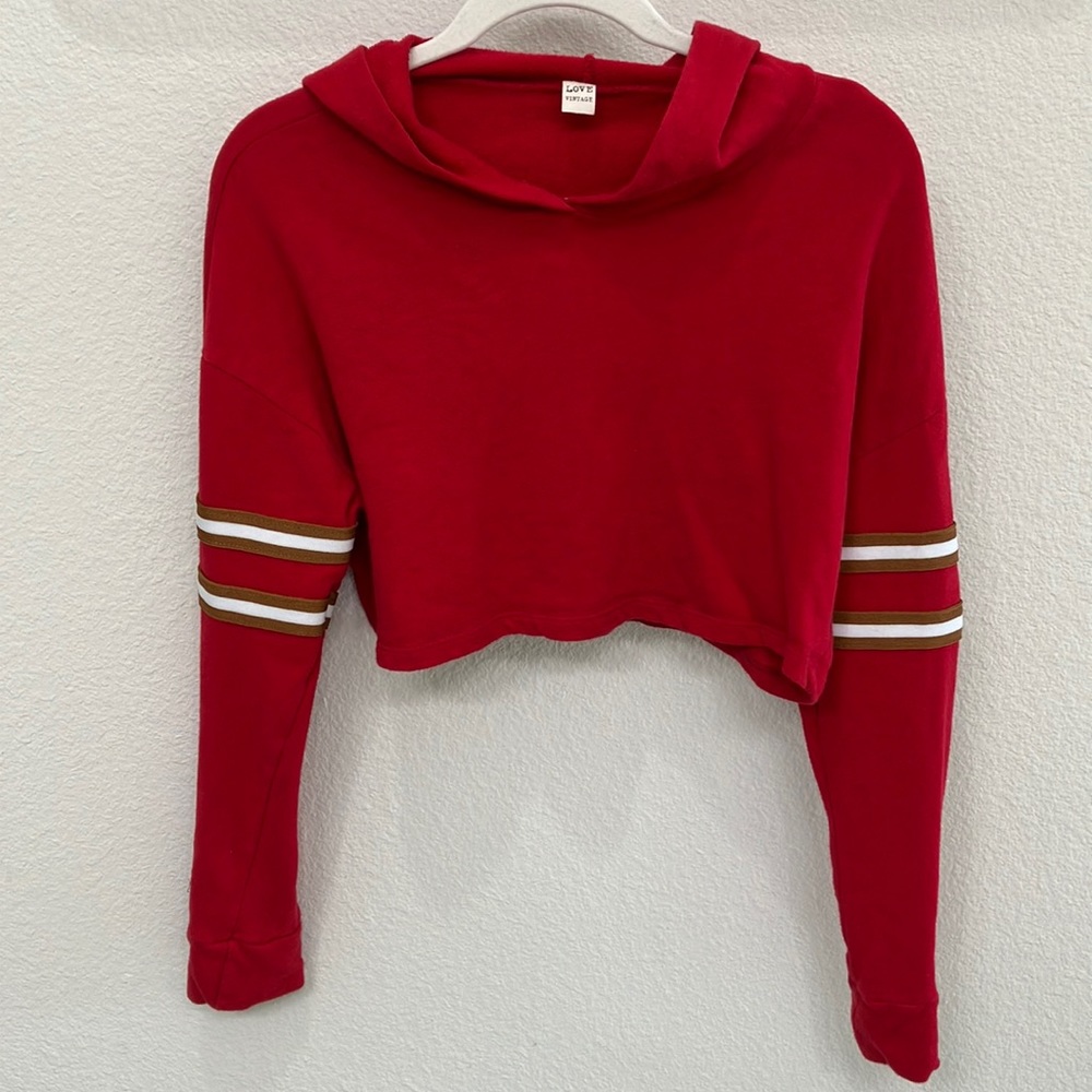 Love Vintage Cropped Hoodie Red W/ Brown & White Arm Stripes Sz L- EUC
